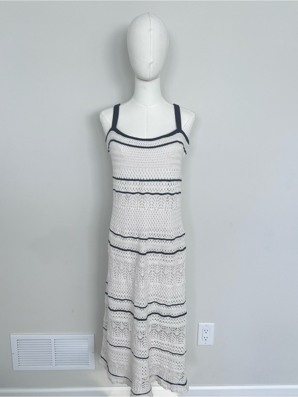Abercrombie & Fitch Cream Crochet-Style Maxi Dress with Black Stripes